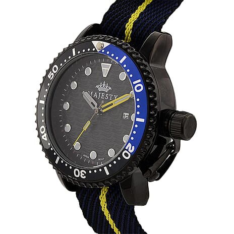 MAJESTY Quartz PC32 3ATM WR Black Hydraulic Dial - Black Case Mens Watch with Black - Blue Nylon Strap