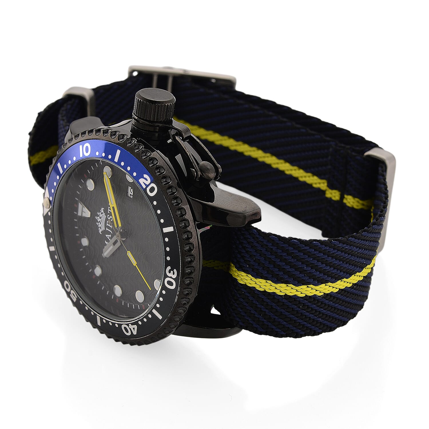 COLLECTORS EDITION - MAJESTY FIELDMASTER Quartz PC32 3ATM WR Black Hydraulic Dial - Black Case Mens Watch with Black - Blue Nylon Strap