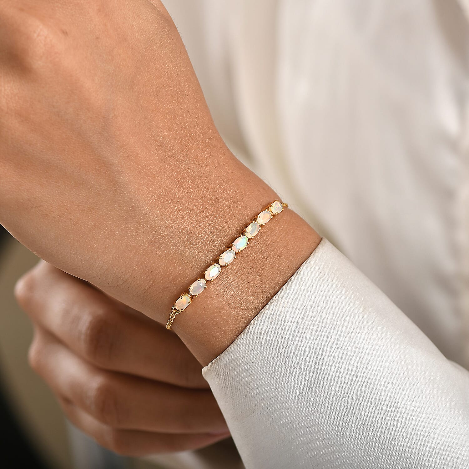 D'Joy Faceted Ethiopian Opal Bracelet (Size - 7.5-1.5) with Lobster Clasp in Yellow Gold Plated Sterling Silver.