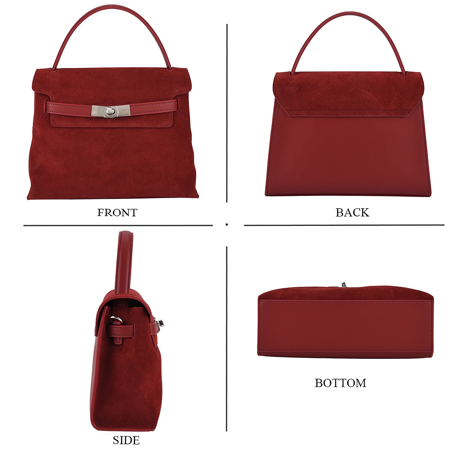 Valissiere Designer Inspired Genuine Leather Structured Satchel Handbag With Crossbody Strap - Burgundy