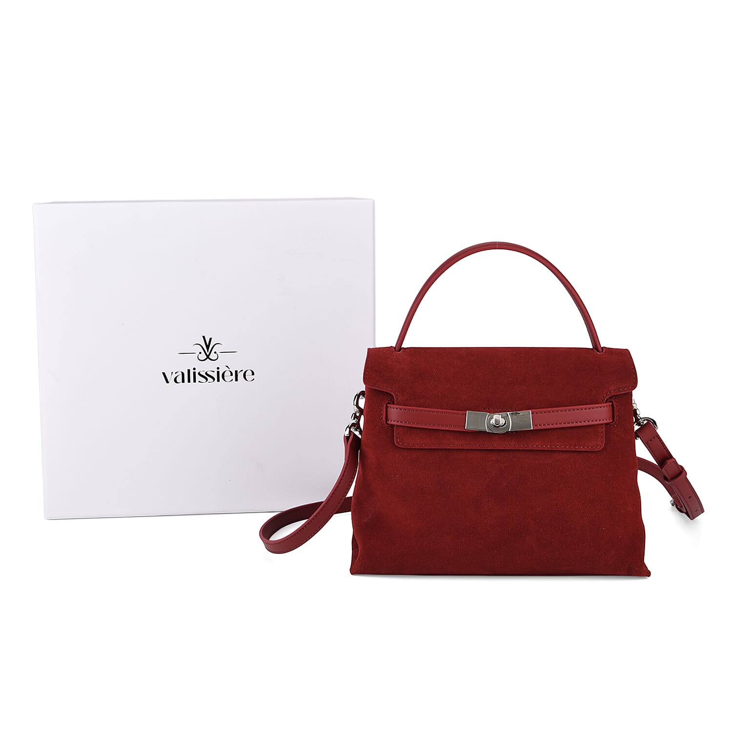 Valissiere Designer Inspired Genuine Leather Structured Satchel Handbag With Crossbody Strap - Burgundy