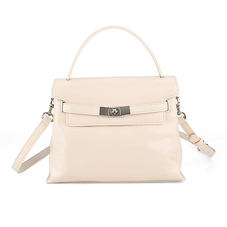 Valissiere Designer Inspired Genuine Leather Structured Satchel Handbag With Crossbody Strap - Off White