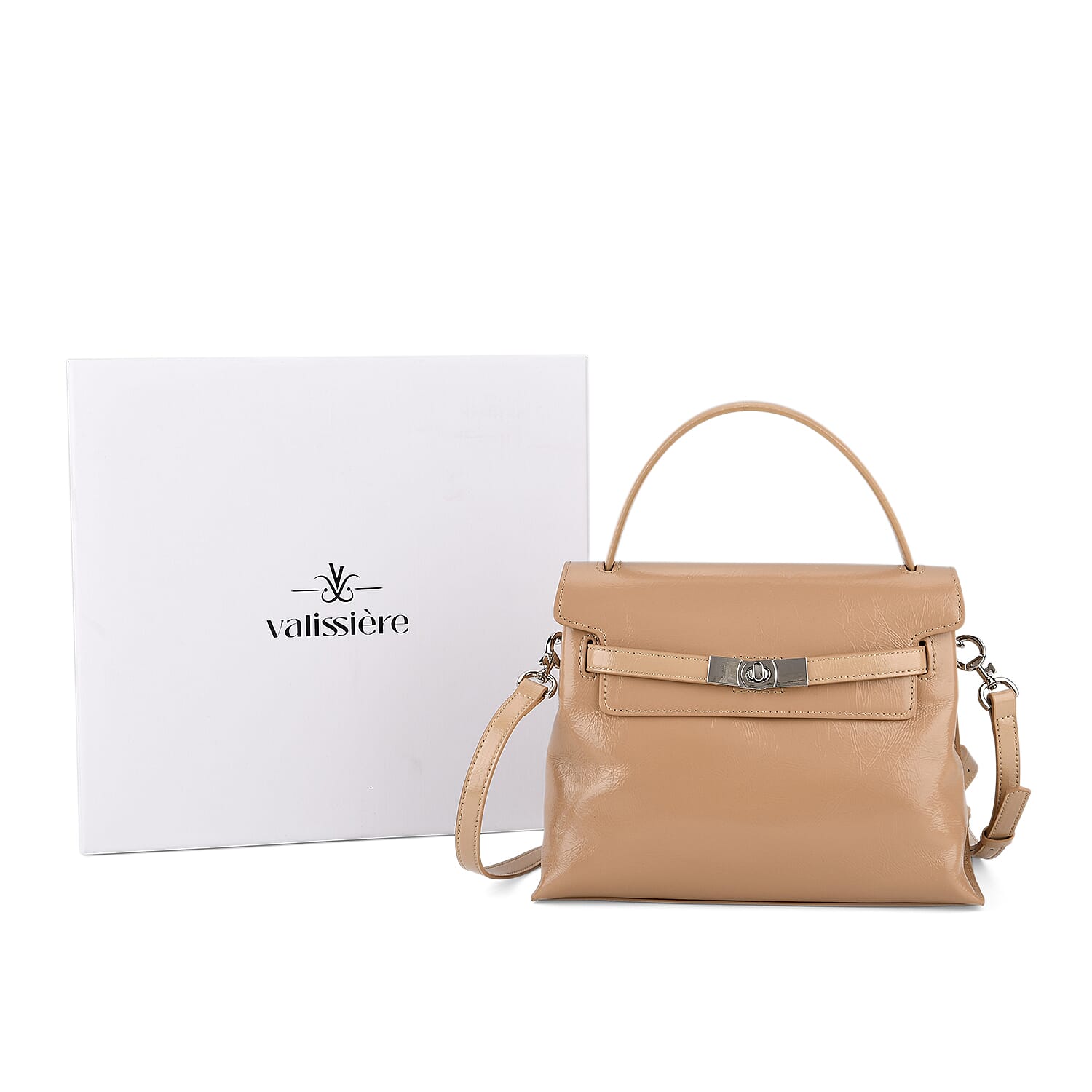 Valissiere Designer Inspired Genuine Leather Structured Satchel Handbag With Crossbody Strap - Khaki