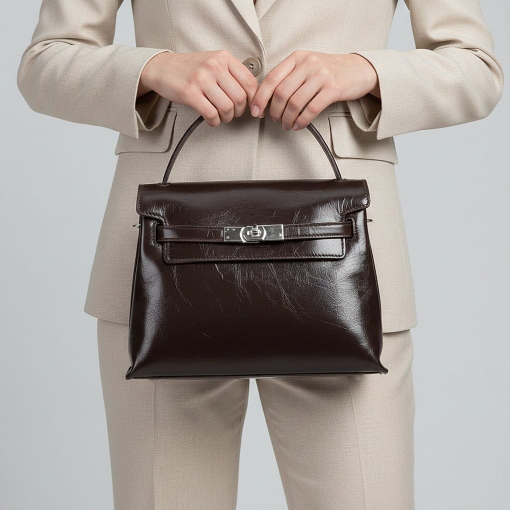 Valissiere Designer Inspired Genuine Leather Structured Satchel Handbag With Crossbody Strap - Dark Coffee