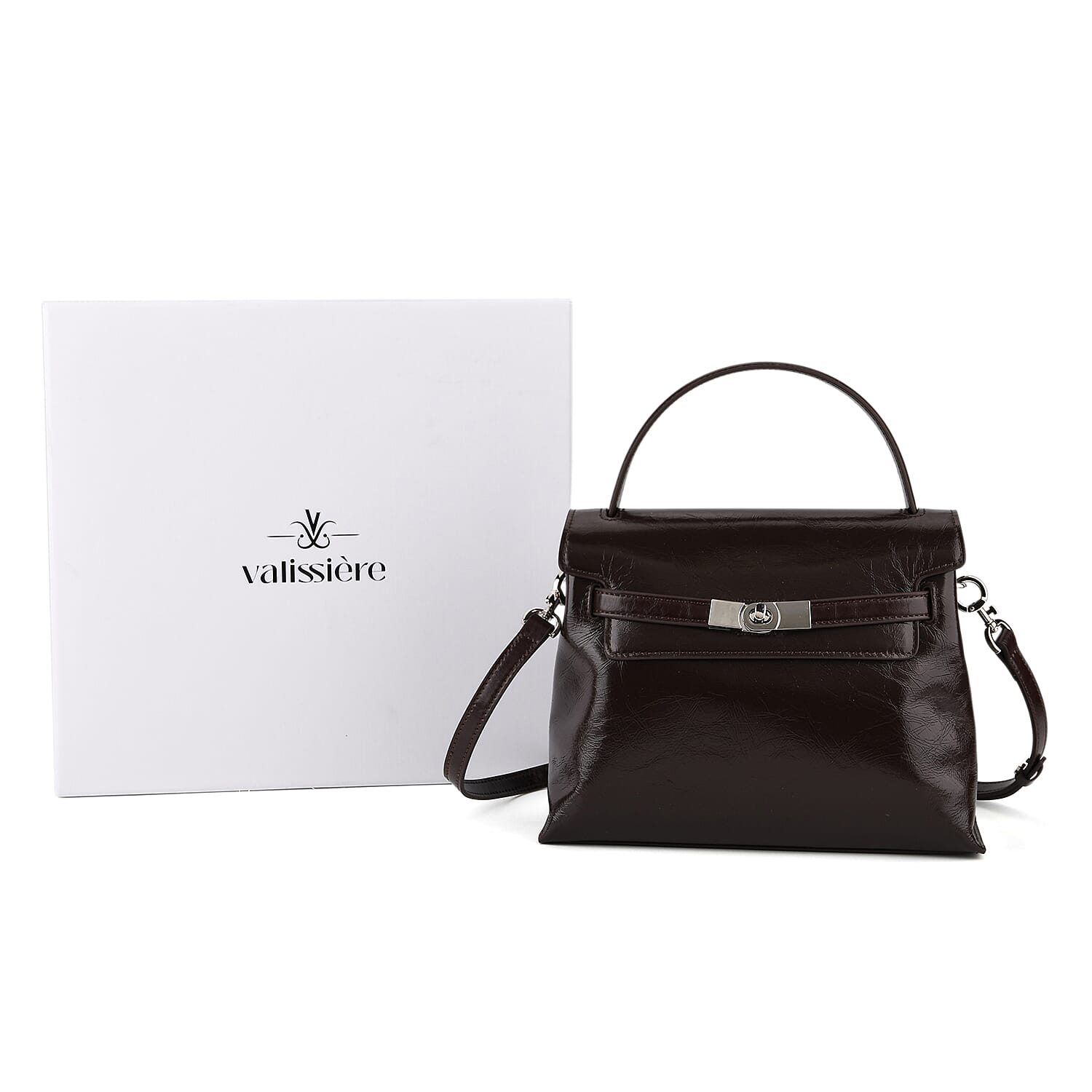 Valissiere Designer Inspired Genuine Leather Structured Satchel Handbag With Crossbody Strap - Dark Coffee