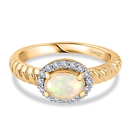 D'Joy Ethiopian Opal & White Zircon Halo Ring in Yellow Gold Plated Sterling Silver 0.68 Ct.