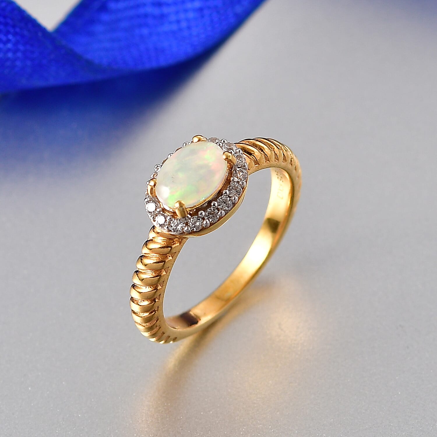 D'Joy Ethiopian Opal & White Zircon Halo Ring in Yellow Gold Plated Sterling Silver 0.68 Ct.