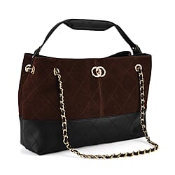 Valissiere Designer Inspired Genuine Leather Two-Tone Quilted Shoulder Handbag with Gold Chain Strap - Coffee