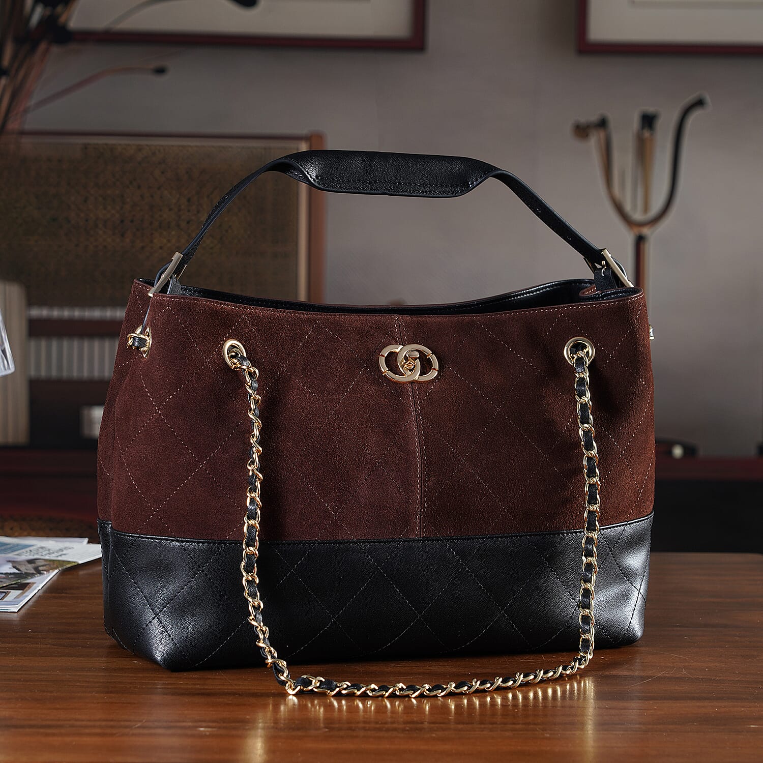 Valissiere Designer Inspired Genuine Leather Two-Tone Quilted Shoulder Handbag with Gold Chain Strap - Coffee