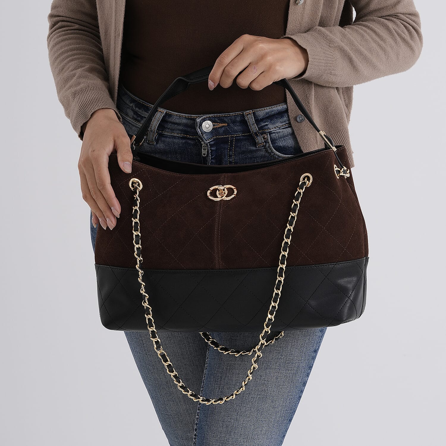 Valissiere Designer Inspired Genuine Leather Two-Tone Quilted Shoulder Handbag with Gold Chain Strap - Coffee