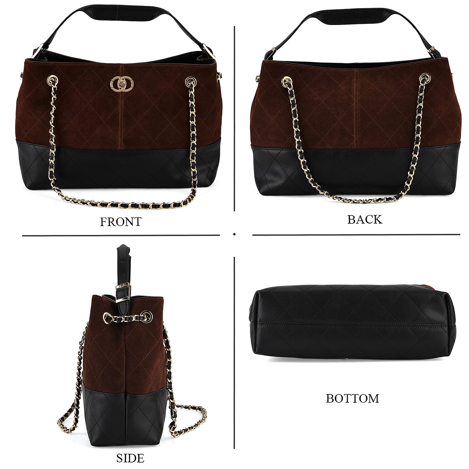 Valissiere Designer Inspired Genuine Leather Two-Tone Quilted Shoulder Handbag with Gold Chain Strap - Coffee