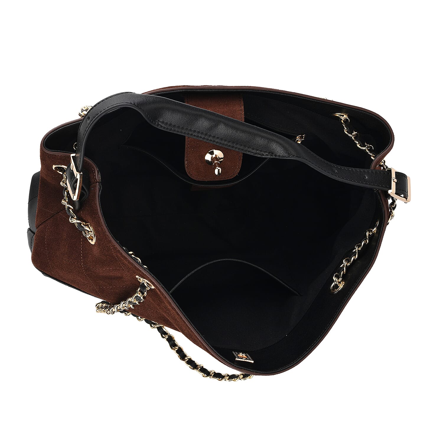 Valissiere Designer Inspired Genuine Leather Two-Tone Quilted Shoulder Handbag with Gold Chain Strap - Coffee