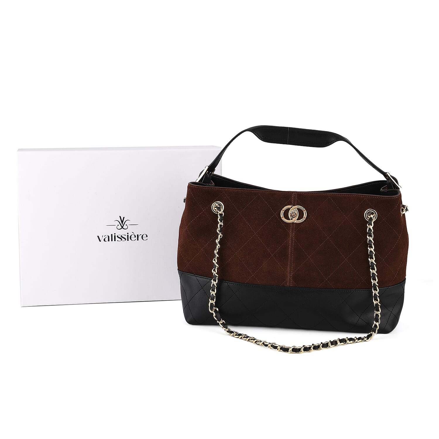 Valissiere Designer Inspired Genuine Leather Two-Tone Quilted Shoulder Handbag with Gold Chain Strap - Coffee