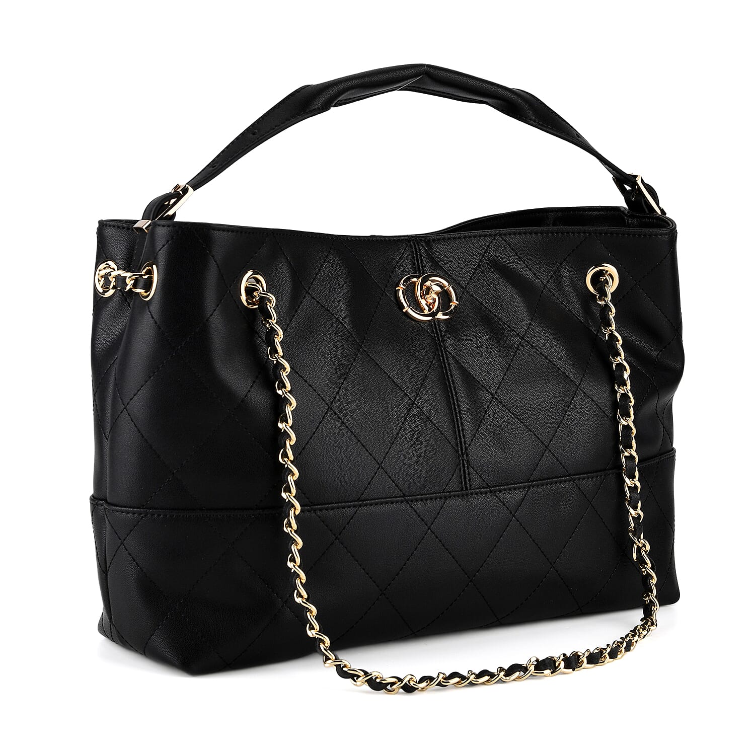 Valissiere Designer Inspired Genuine Leather Two-Tone Quilted Shoulder Handbag with Gold Chain Strap - Black