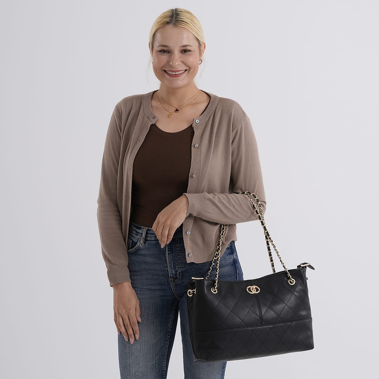 Valissiere Designer Inspired Genuine Leather Two-Tone Quilted Shoulder Handbag with Gold Chain Strap - Black