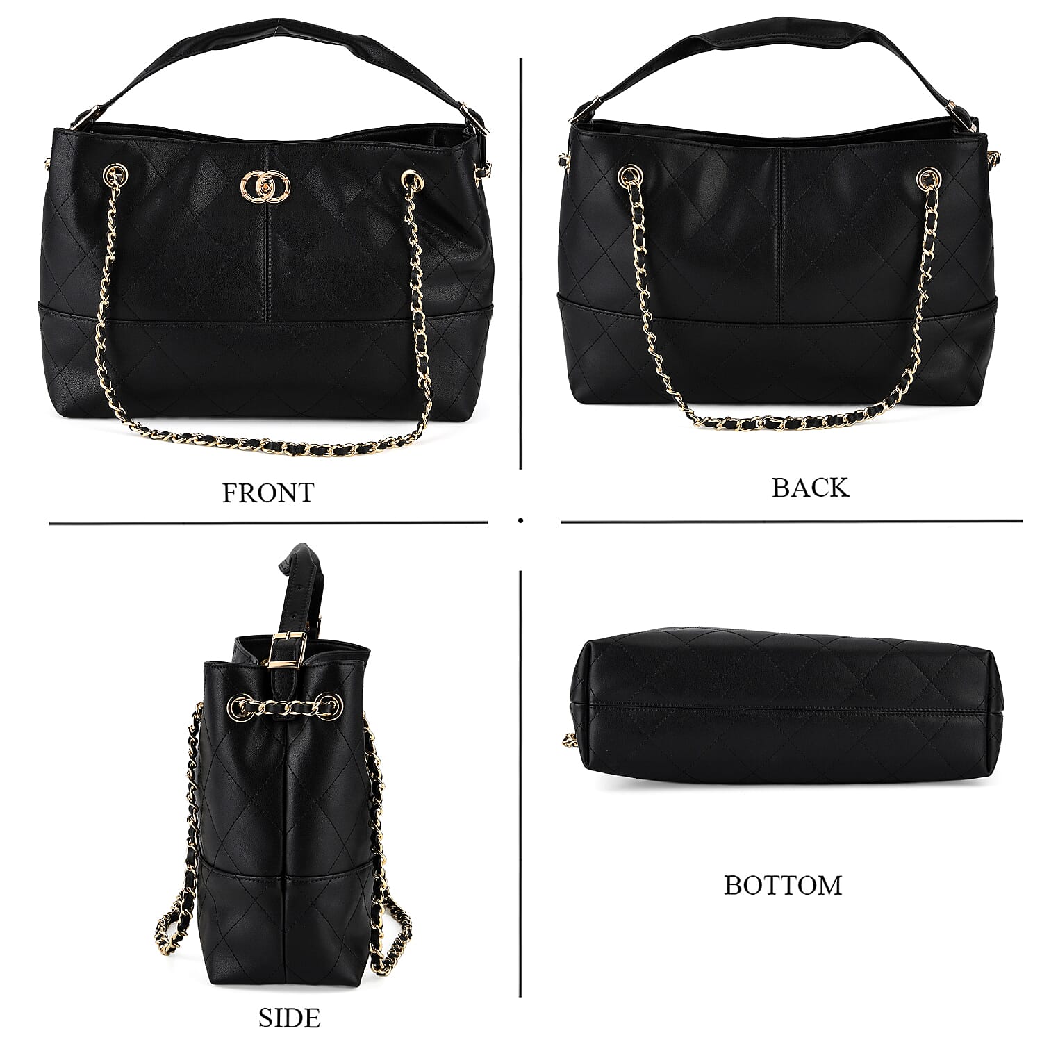 Valissiere Designer Inspired Genuine Leather Two-Tone Quilted Shoulder Handbag with Gold Chain Strap - Black