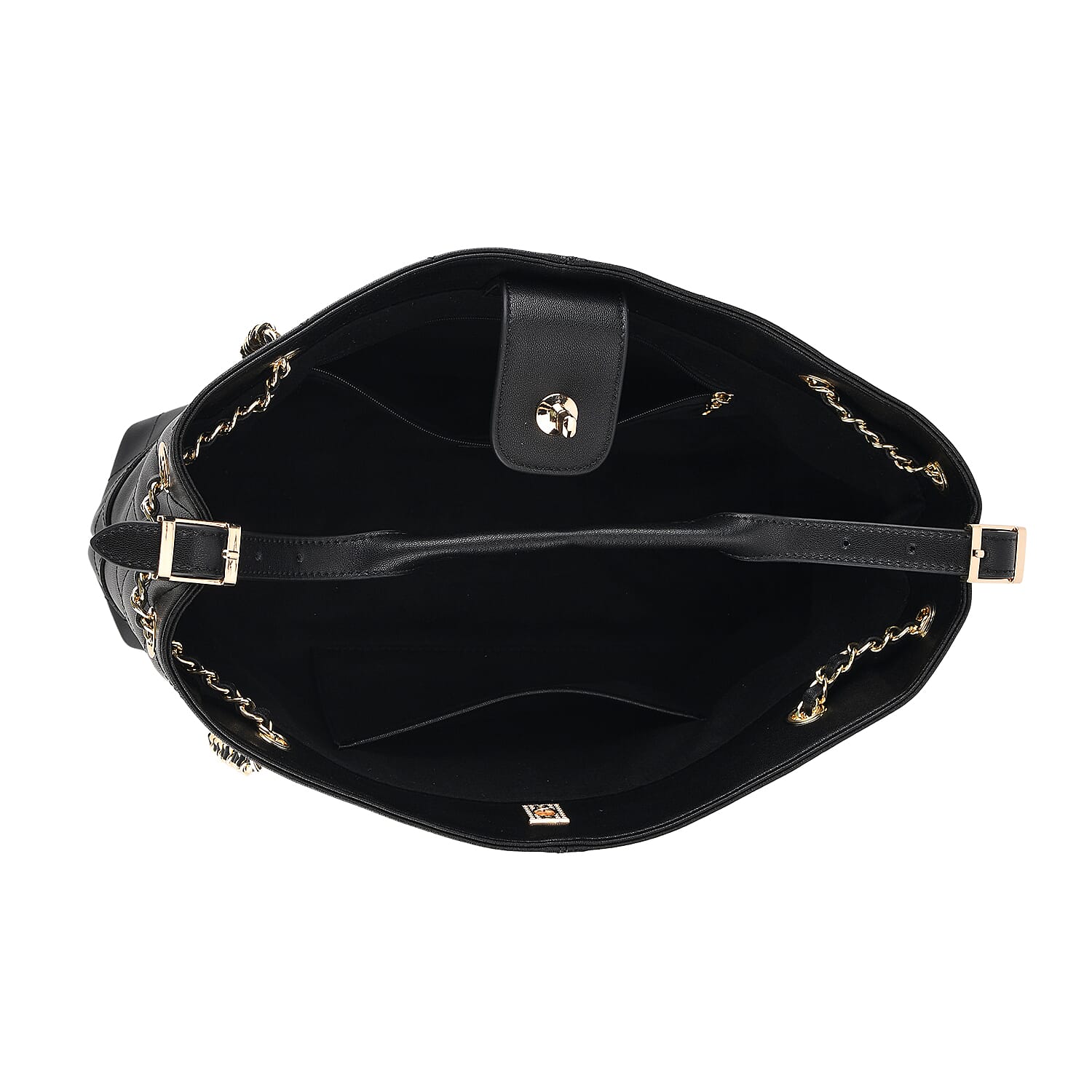 Valissiere Designer Inspired Genuine Leather Two-Tone Quilted Shoulder Handbag with Gold Chain Strap - Black