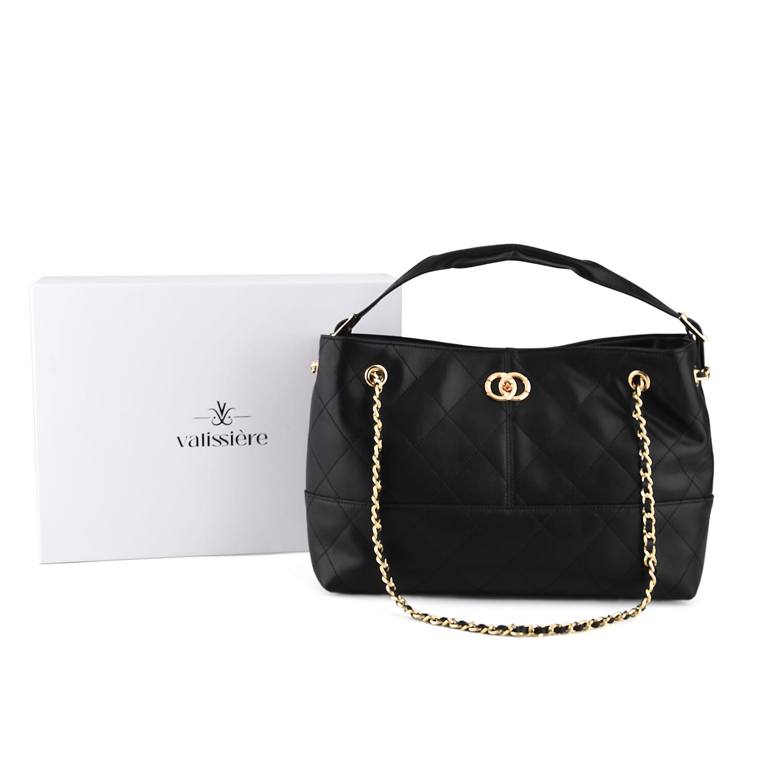 Valissiere Designer Inspired Genuine Leather Two-Tone Quilted Shoulder Handbag with Gold Chain Strap - Black
