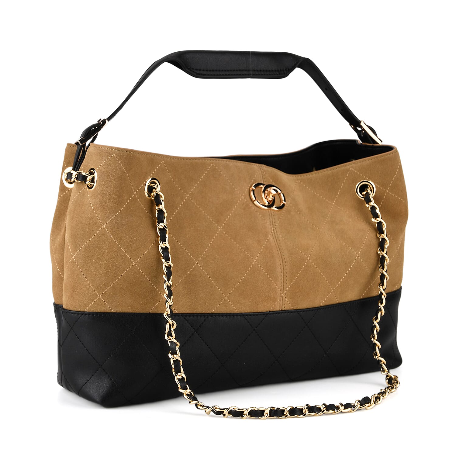 Valissiere Designer Inspired Genuine Leather Two-Tone Quilted Shoulder Handbag with Gold Chain Strap - Brown