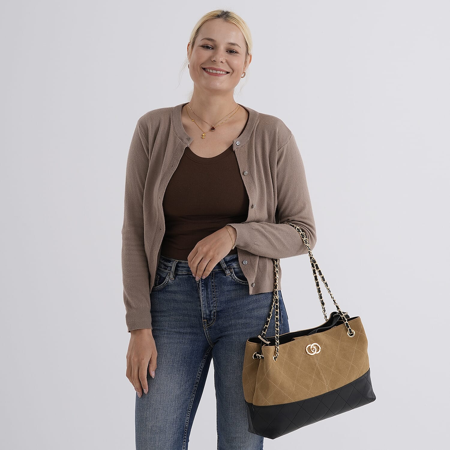 Valissiere Designer Inspired Genuine Leather Two-Tone Quilted Shoulder Handbag with Gold Chain Strap - Brown