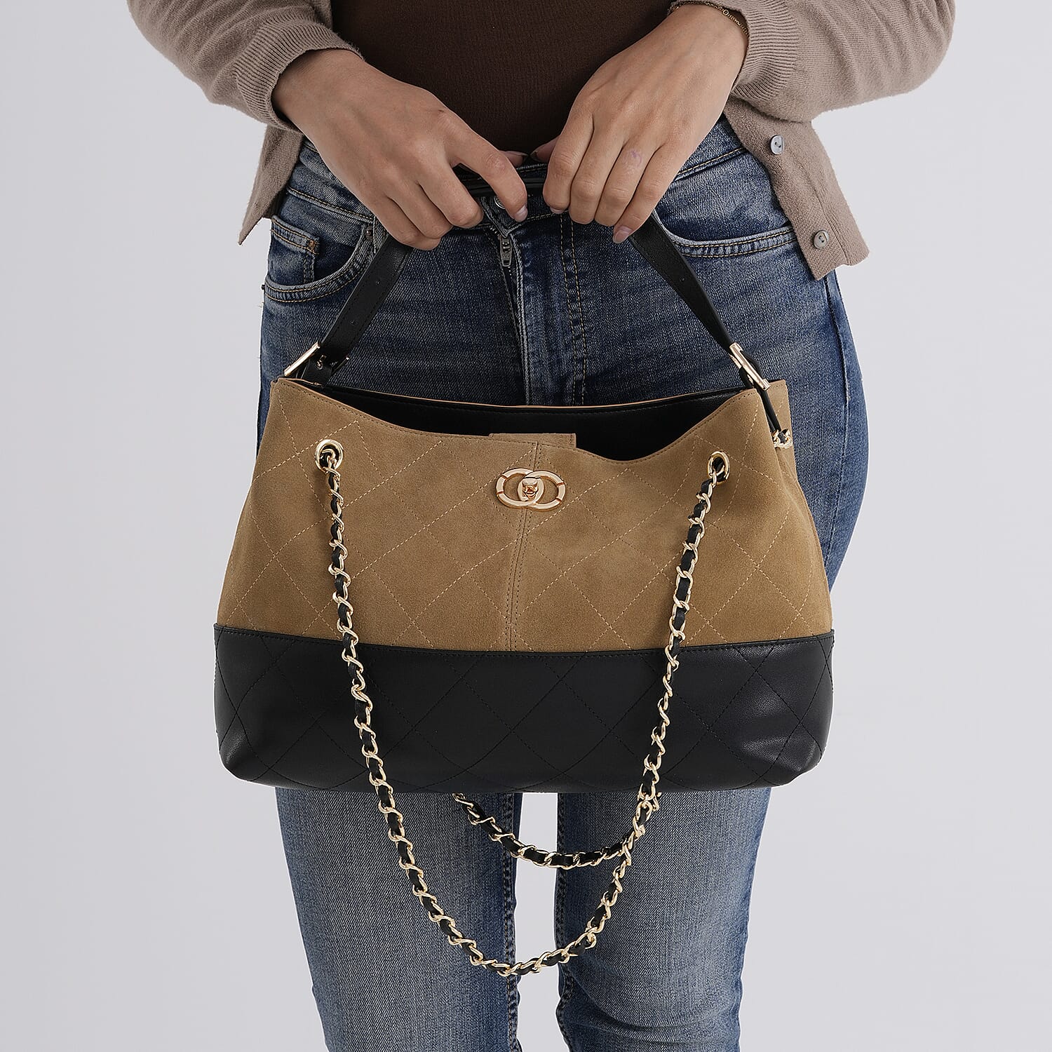 Valissiere Designer Inspired Genuine Leather Two-Tone Quilted Shoulder Handbag with Gold Chain Strap - Brown