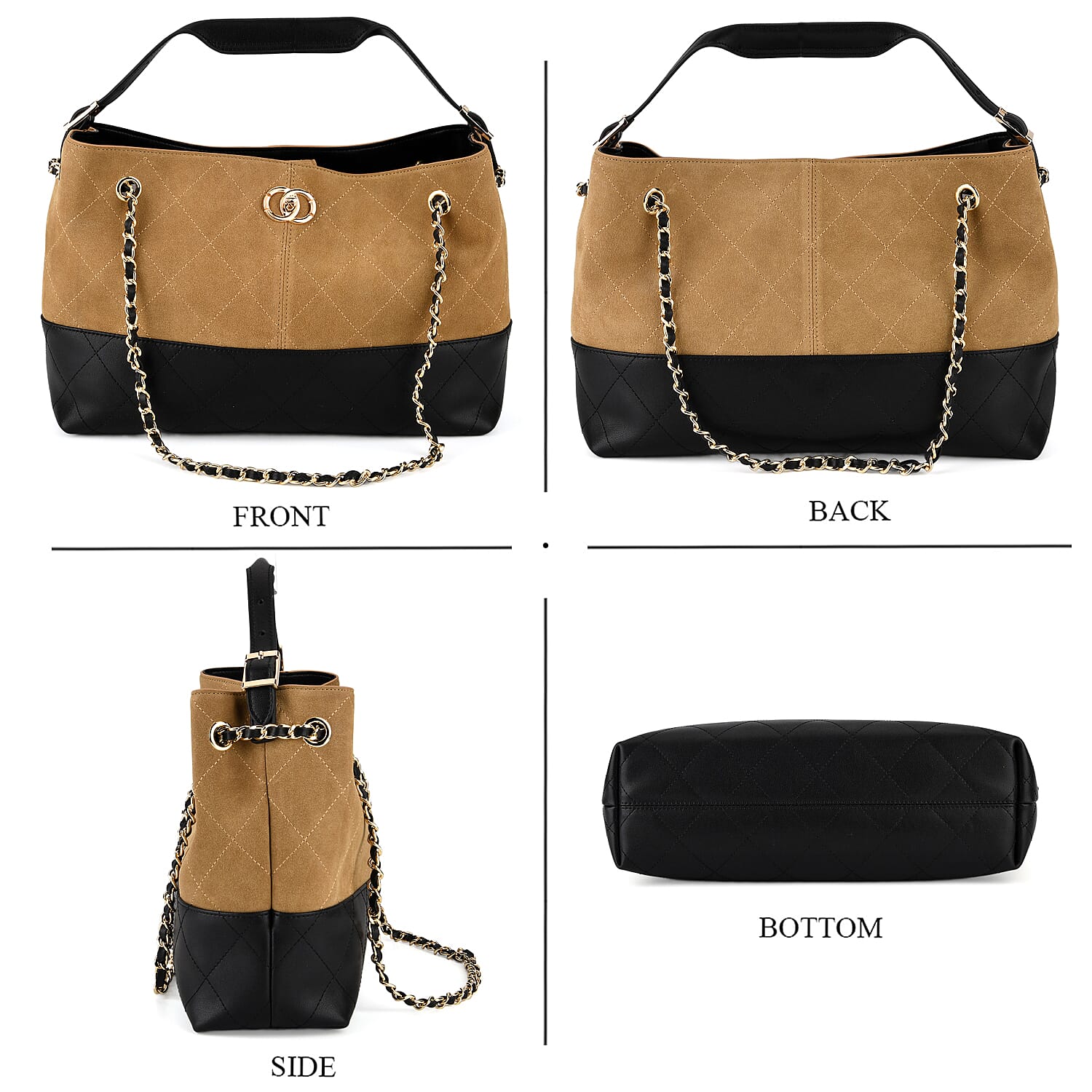 Valissiere Designer Inspired Genuine Leather Two-Tone Quilted Shoulder Handbag with Gold Chain Strap - Brown