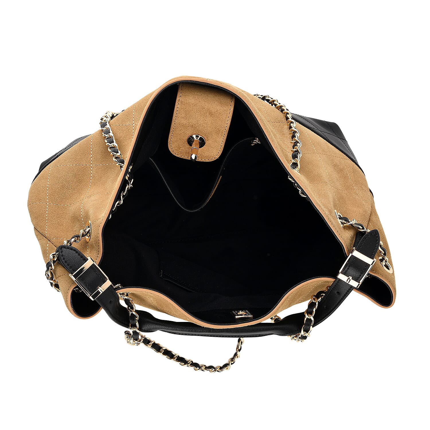 Valissiere Designer Inspired Genuine Leather Two-Tone Quilted Shoulder Handbag with Gold Chain Strap - Brown