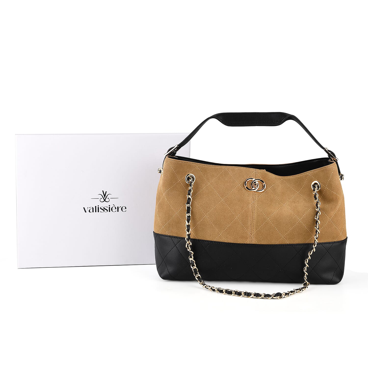 Valissiere Designer Inspired Genuine Leather Two-Tone Quilted Shoulder Handbag with Gold Chain Strap - Brown