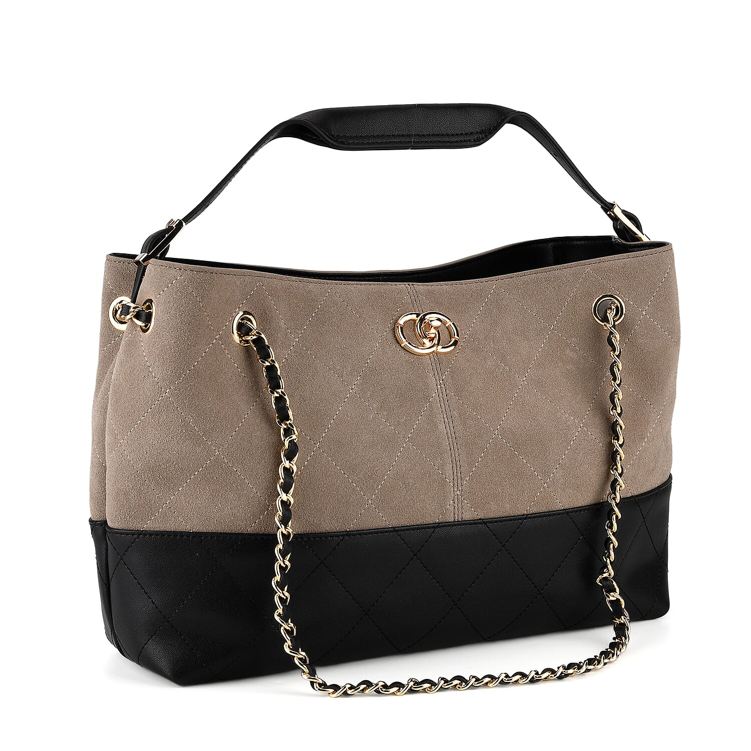 Valissiere Designer Inspired Genuine Leather Two-Tone Quilted Shoulder Handbag with Gold Chain Strap - Light Grey