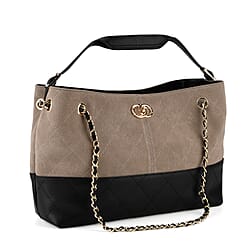 Valissiere Designer Inspired Genuine Leather Two-Tone Quilted Shoulder Handbag with Gold Chain Strap - Light Grey