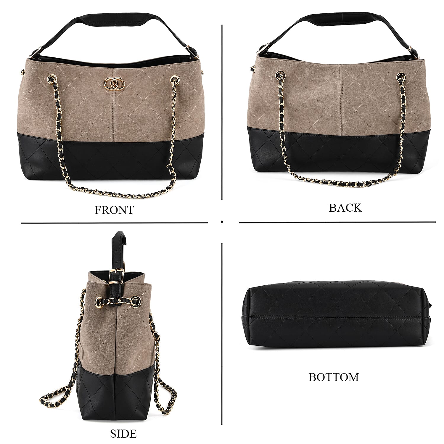 Valissiere Designer Inspired Genuine Leather Two-Tone Quilted Shoulder Handbag with Gold Chain Strap - Light Grey