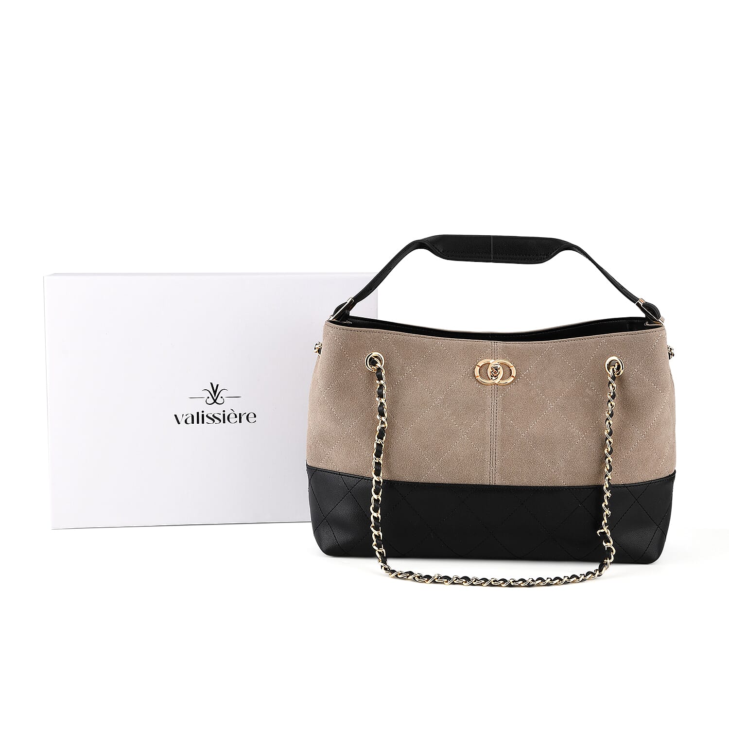 Valissiere Designer Inspired Genuine Leather Two-Tone Quilted Shoulder Handbag with Gold Chain Strap - Light Grey