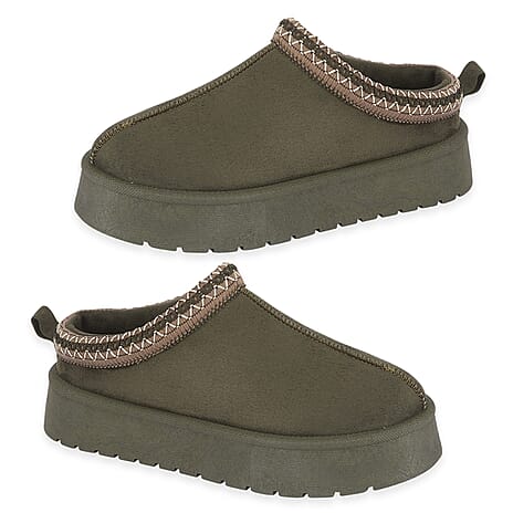 Pandora Platform Embroidered Trim Mule Slippers (Size 6) - Olive