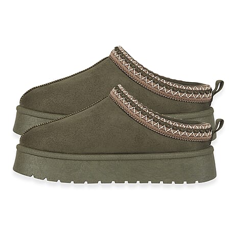 Pandora Platform Embroidered Trim Mule Slippers (Size 6) - Olive