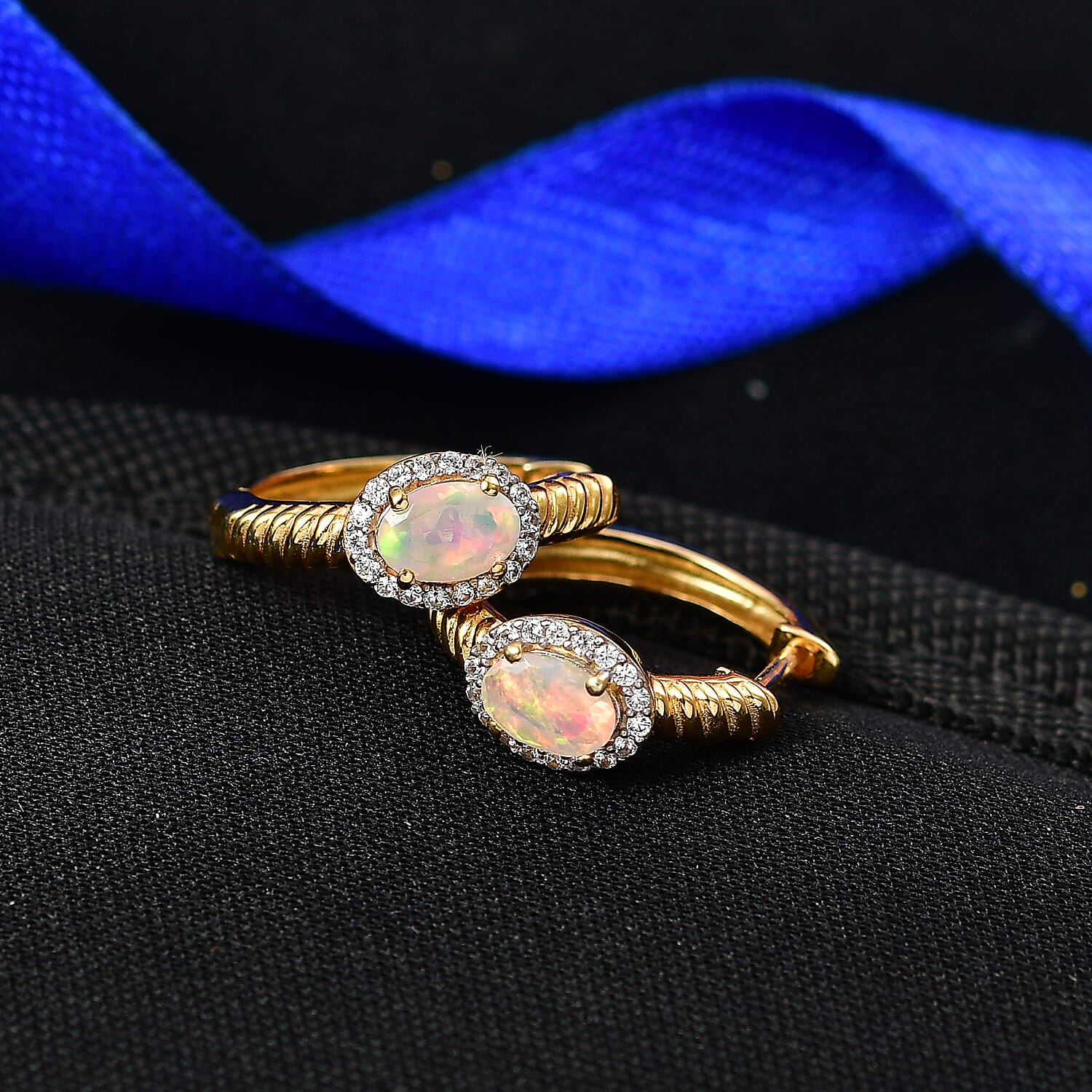 D'Joy Faceted Ethiopian Opal & White Zircon Earring with Hoop in Yellow Gold Plated Sterling Silver 1.00 Ct.