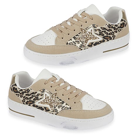 Ladies Caracus Leopard Sneakers With Glitter Trim (Size 7) - Sand