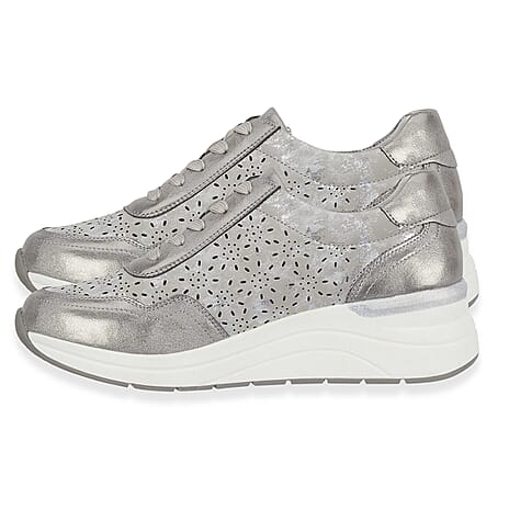 Shoreditch Womens Metallic Wedge Lace Up Sneakers With Side Zip (Size 4) - Pewter