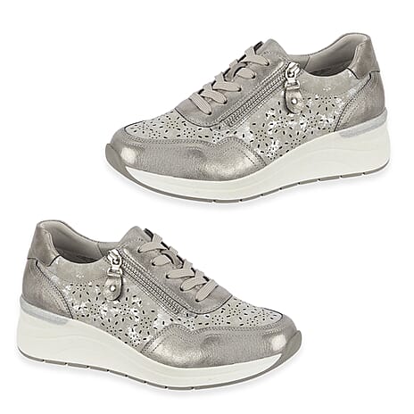 Shoreditch Womens Metallic Wedge Lace Up Sneakers With Side Zip (Size 5) - Pewter