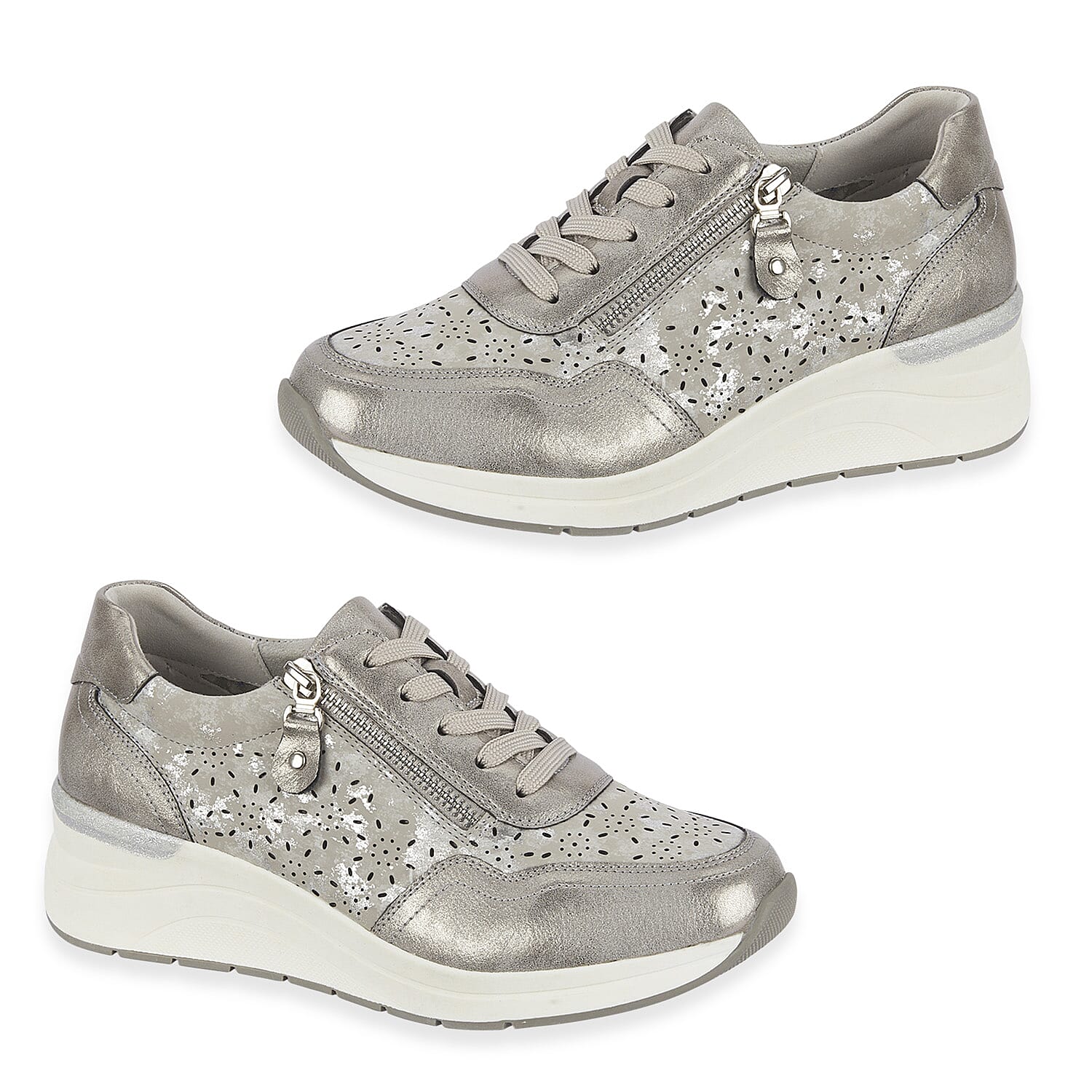 Shoreditch Womens Metallic Wedge Lace Up Sneakers With Side Zip