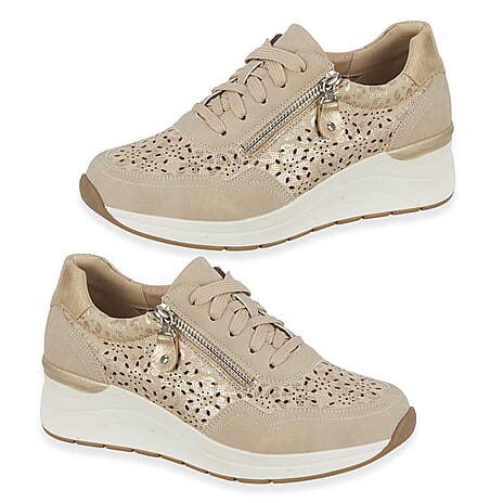 Shoreditch Womens Metallic Wedge Lace Up Sneakers With Side Zip (Size 4) - Beige