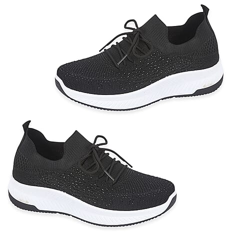 Calypso Light Weight Lace Up Trainer With Diamante Detailing (Size 8) - Black
