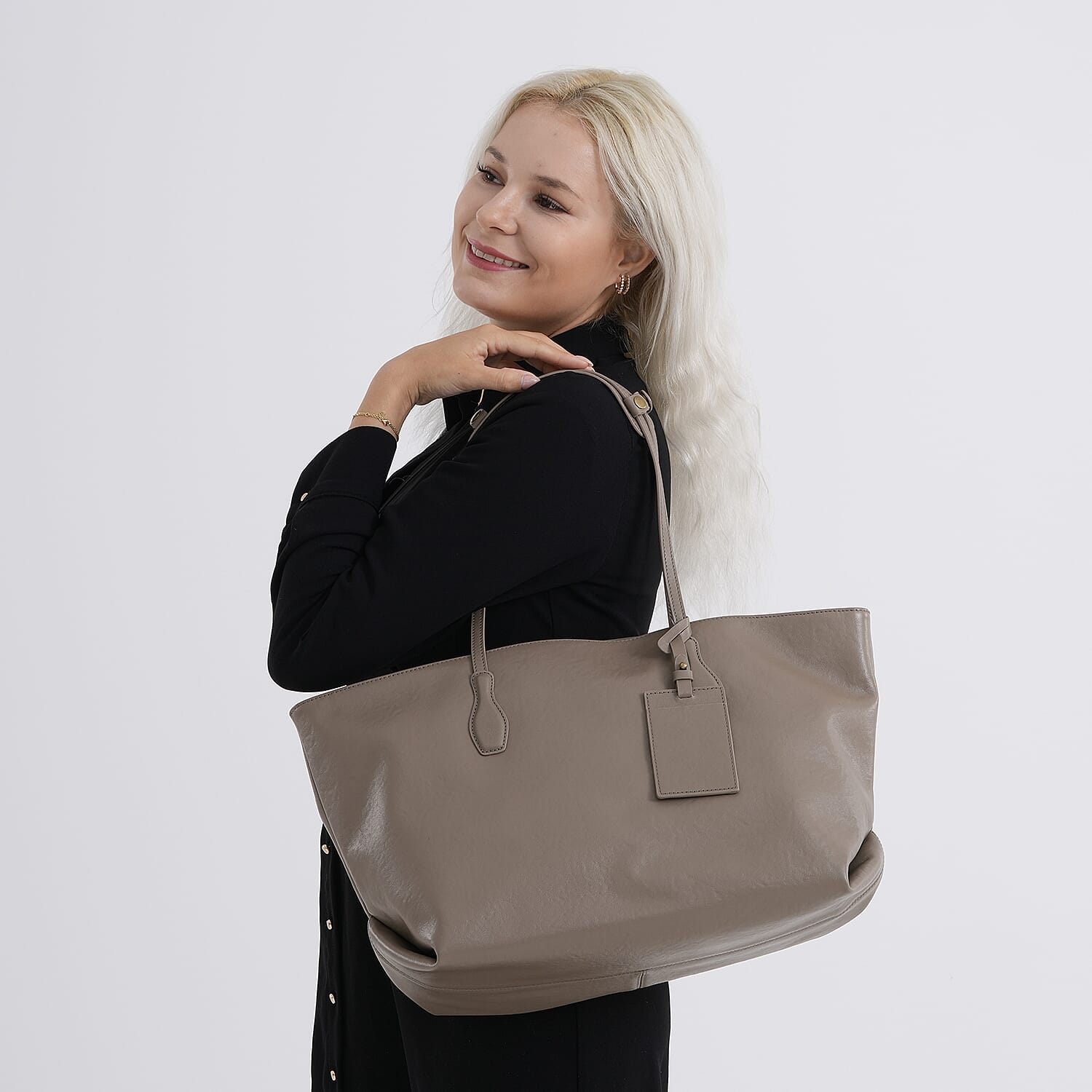 Leather Patterned Tote Bag (Size 43x14x30 ) - Khaki