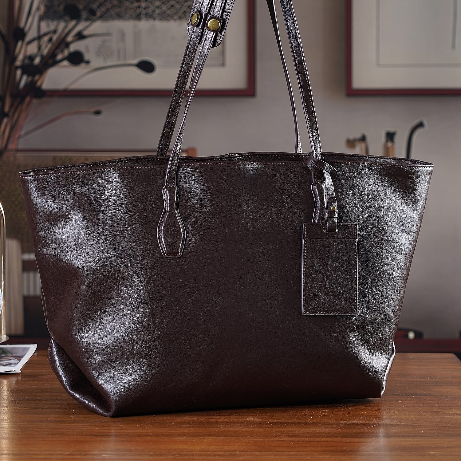 Leather Patterned Tote Bag (Size 43x14x30 ) - Brown