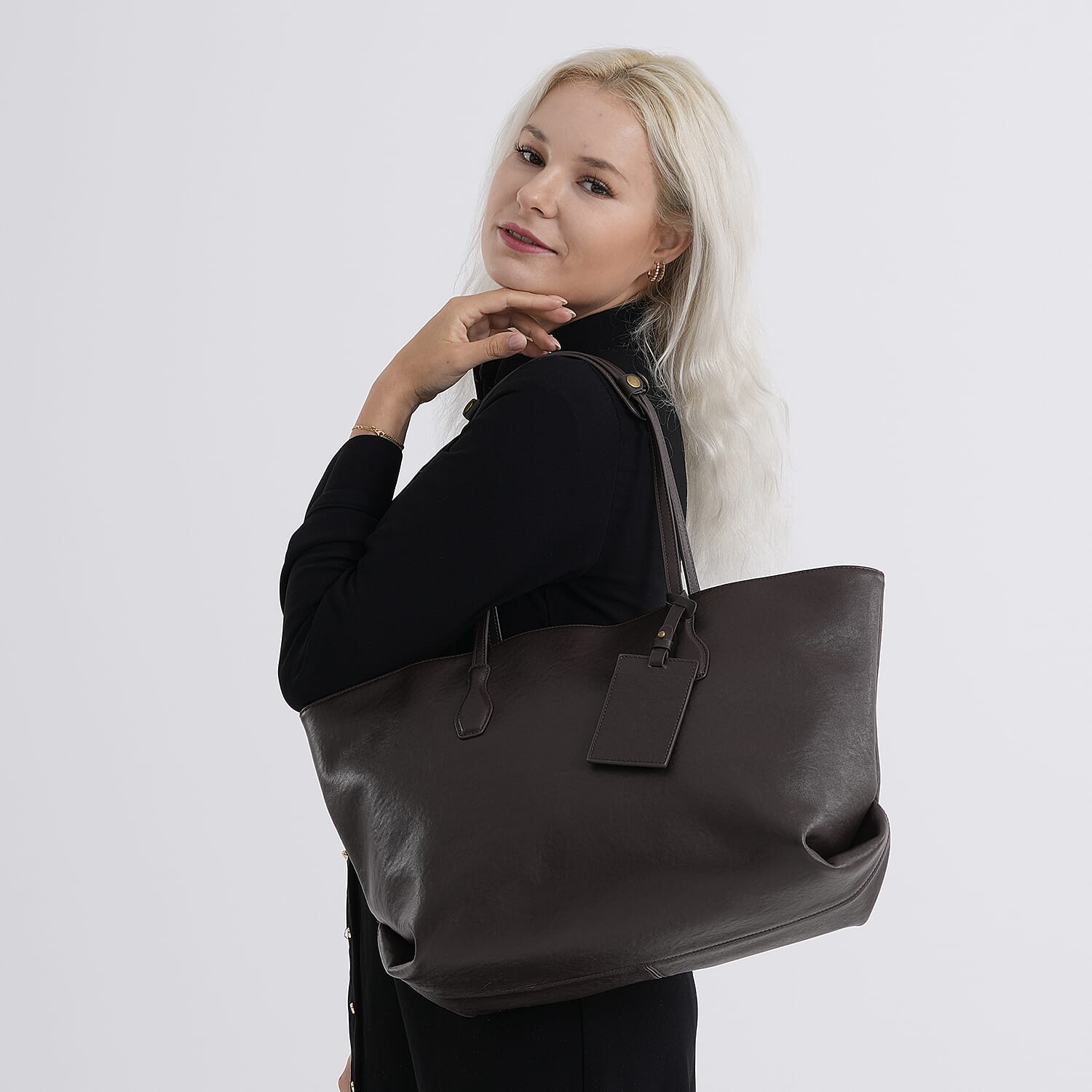 Leather Patterned Tote Bag (Size 43x14x30 ) - Brown