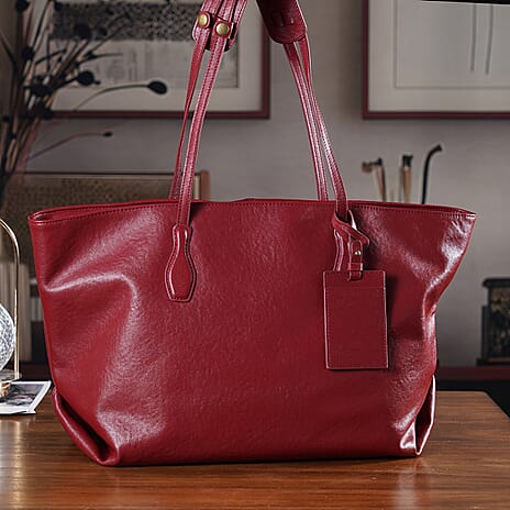 100% Premium Full Grain Leather Tote with Matching Card Bag - Burgundy