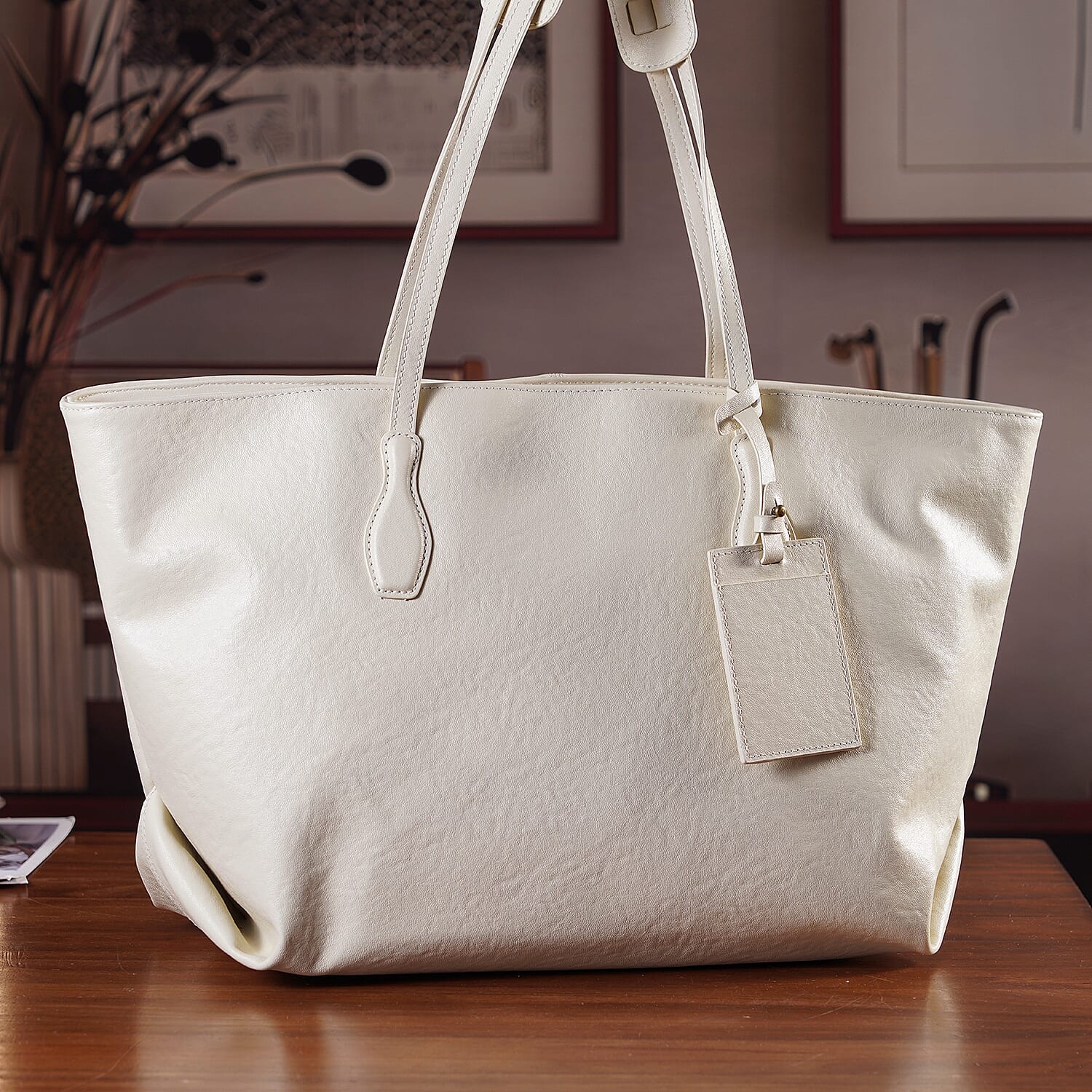 Leather Patterned Tote Bag (Size 43x14x30 ) - Beige