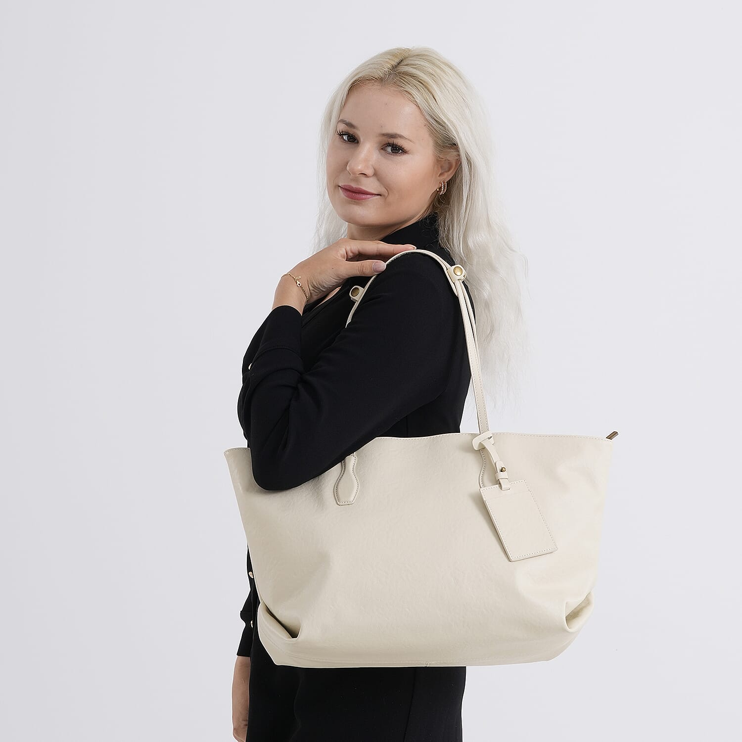 Leather Patterned Tote Bag (Size 43x14x30 ) - Beige