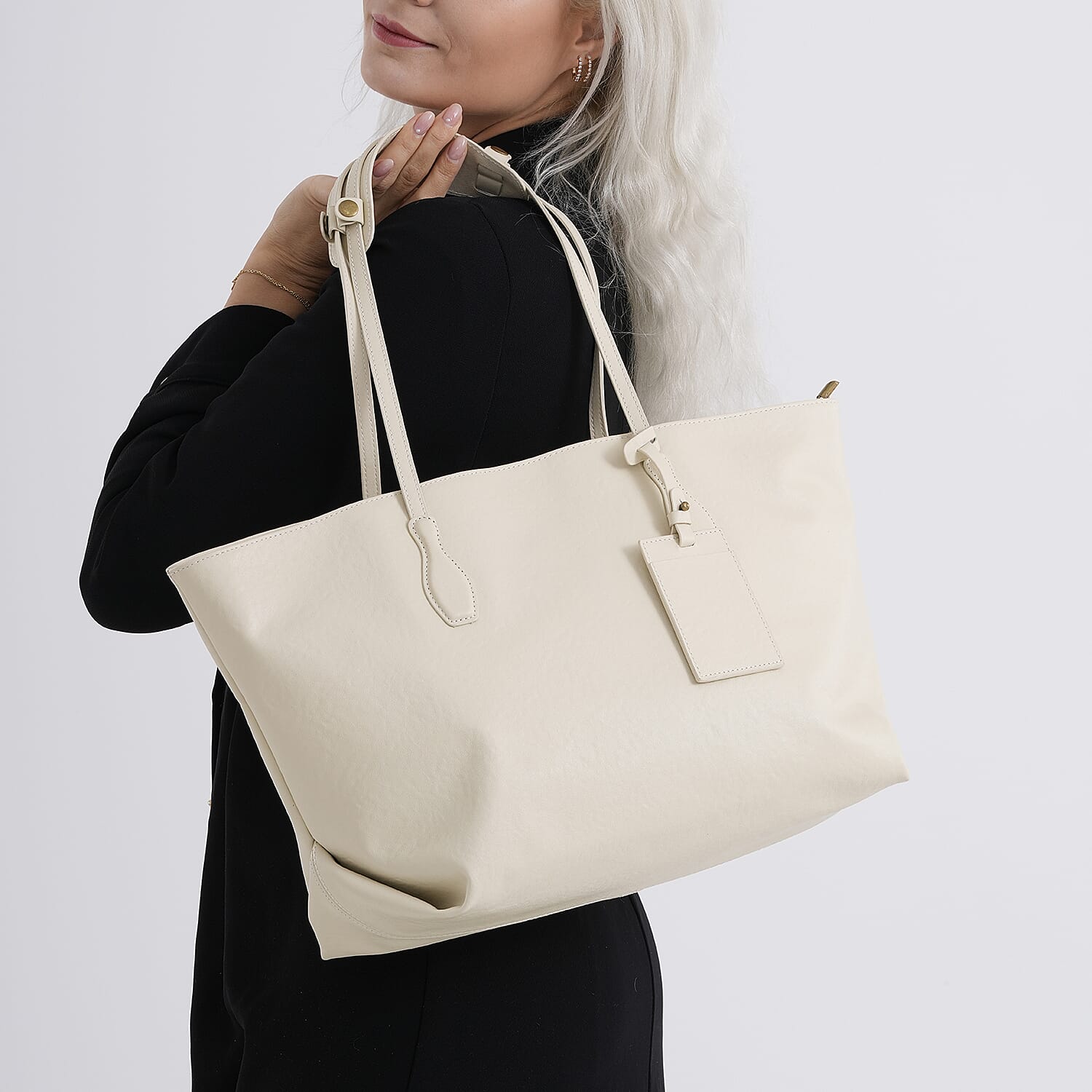 Leather Patterned Tote Bag (Size 43x14x30 ) - Beige