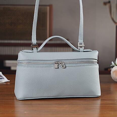 Genuine Leather Designer Minimalist Zipper Crossbody Top Handle Box Bag - Light Grey