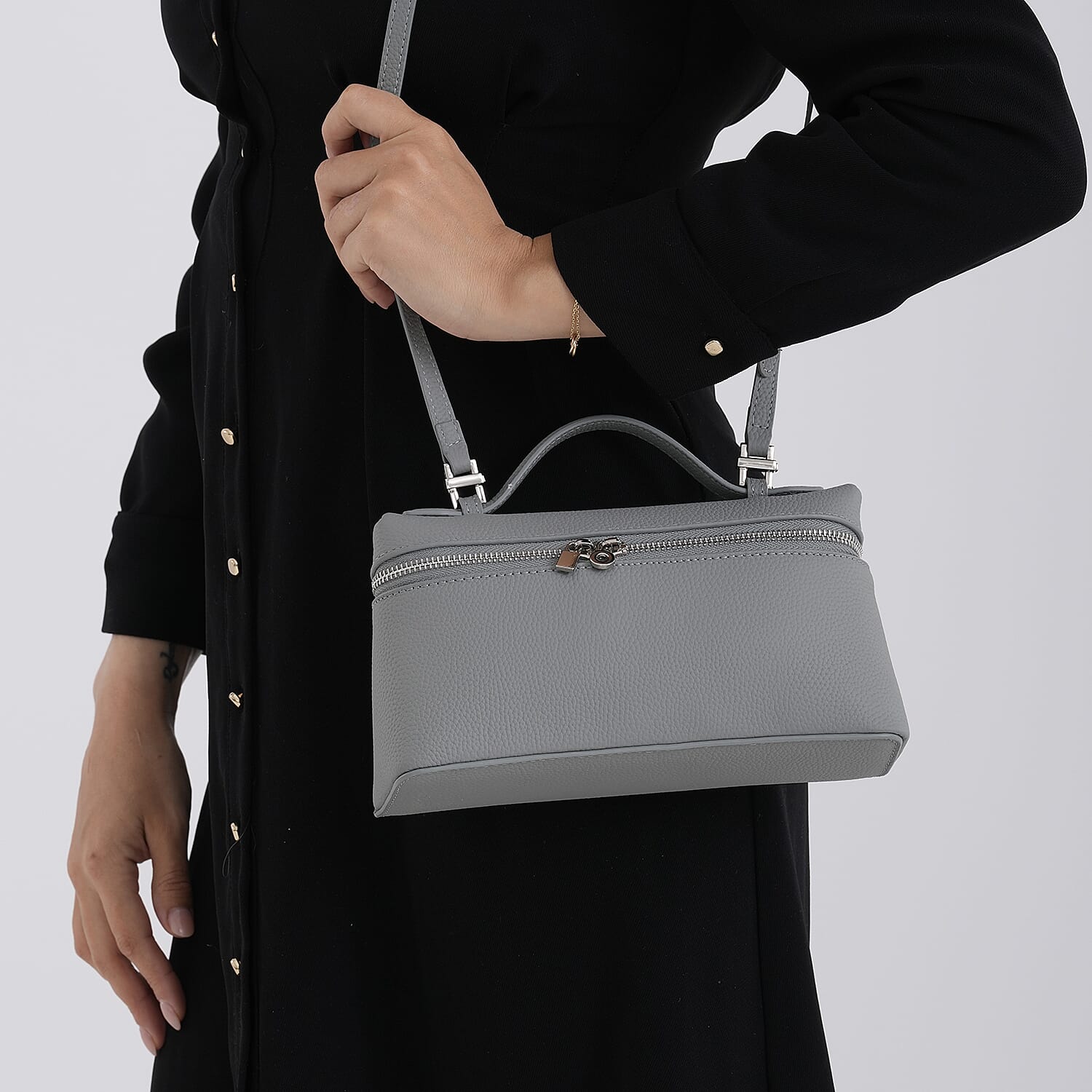 Genuine Leather Designer Minimalist Zipper Crossbody Top Handle Box Bag - Light Grey